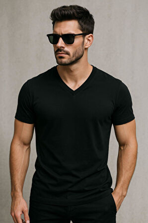 Erkek V Yaka %100 Pamuk Kısa Kollu Siyah T-shirt Tişört