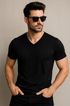 Erkek V Yaka %100 Pamuk Kısa Kollu Siyah T-shirt Tişört