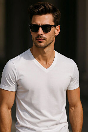Erkek V Yaka %100 Pamuk Kısa Kollu Beyaz T-shirt