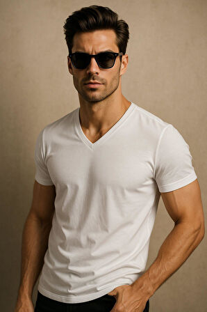 Erkek V Yaka %100 Pamuk Kısa Kollu Beyaz T-shirt