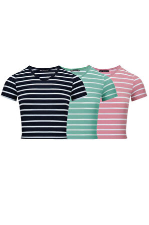 Kadın 3'lü Paket Kısa Kollu V Yaka Crop