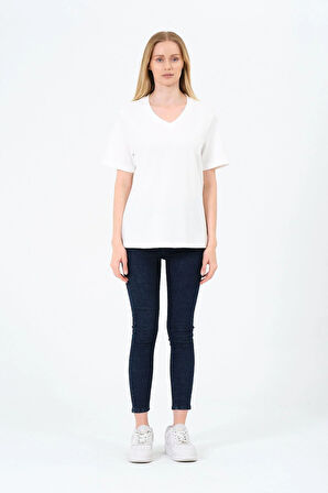 Kadın V yaka Kısa Tişort -İnterlok Kumaş