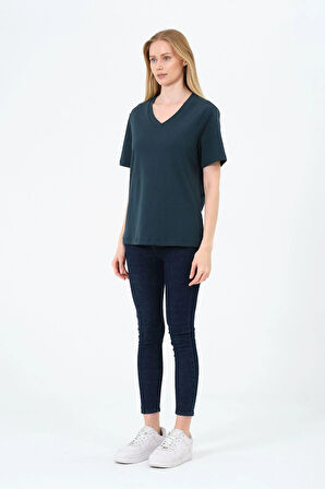 Kadın V yaka Kısa Tişort -İnterlok Kumaş