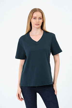 Kadın V yaka Kısa Tişort -İnterlok Kumaş