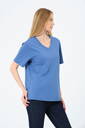 Kadın V yaka Kısa Tişort -İnterlok Kumaş