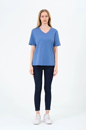 Kadın V yaka Kısa Tişort -İnterlok Kumaş