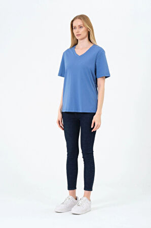 Kadın V yaka Kısa Tişort -İnterlok Kumaş