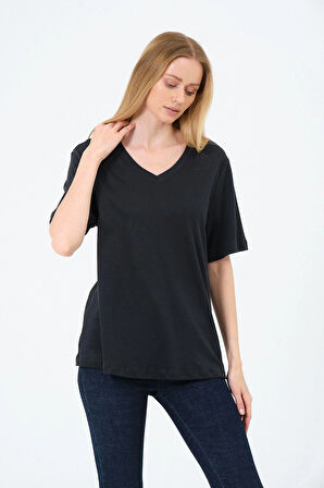 Kadın V yaka Kısa Tişort -İnterlok Kumaş