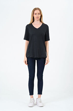 Kadın V yaka Kısa Tişort -İnterlok Kumaş