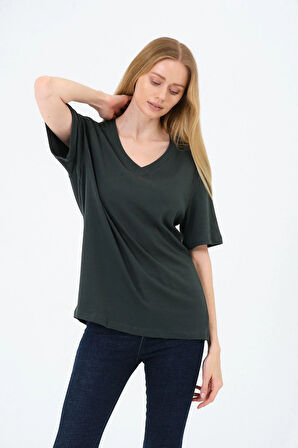 Kadın V yaka Kısa Tişort -İnterlok Kumaş