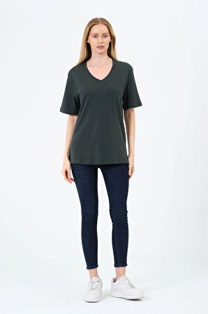 Kadın V yaka Kısa Tişort -İnterlok Kumaş