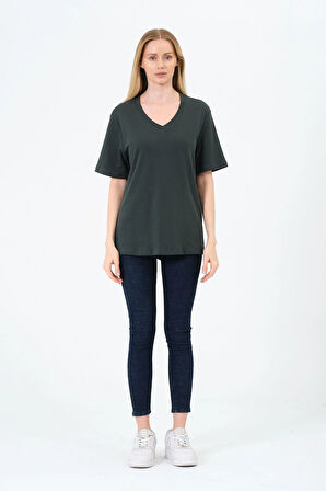 Kadın V yaka Kısa Tişort -İnterlok Kumaş