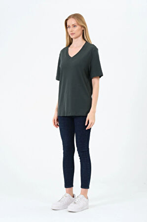 Kadın V yaka Kısa Tişort -İnterlok Kumaş