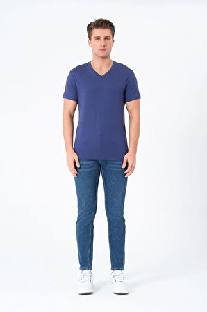 Erkek V Yaka %100 Pamuk Kısa Kollu Lacivert T-shirt Basic Erkek Tişört