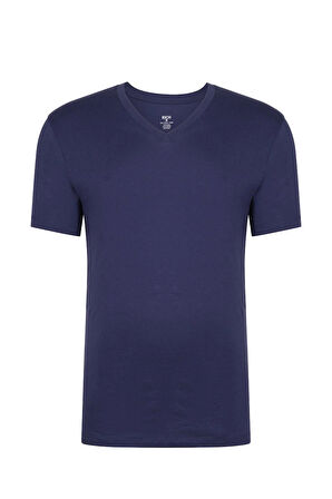 Erkek V Yaka %100 Pamuk Kısa Kollu Lacivert T-shirt Basic Erkek Tişört
