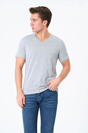 Erkek V Yaka %100 Pamuk Kısa Kollu Gri T-shirt Basic Erkek Tişört