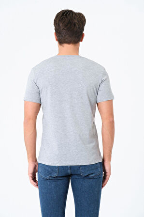 Erkek V Yaka %100 Pamuk Kısa Kollu Gri T-shirt Basic Erkek Tişört