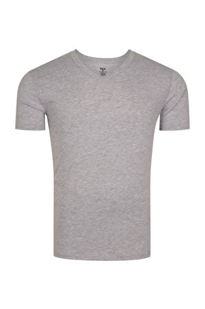 Erkek V Yaka %100 Pamuk Kısa Kollu Gri T-shirt Basic Erkek Tişört