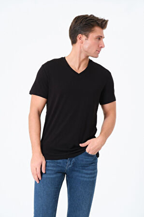 Erkek %100 Pamuk Kısa Kollu Siyah T-shirt V Yaka Basic Erkek Tişört