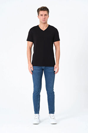 Erkek %100 Pamuk Kısa Kollu Siyah T-shirt V Yaka Basic Erkek Tişört