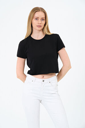 Kadın Siyah Kısa Kollu Oversize Crop - Pamuklu Basic Rahat Kesim T-shirt