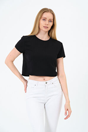 Kadın Siyah Kısa Kollu Oversize Crop - Pamuklu Basic Rahat Kesim T-shirt