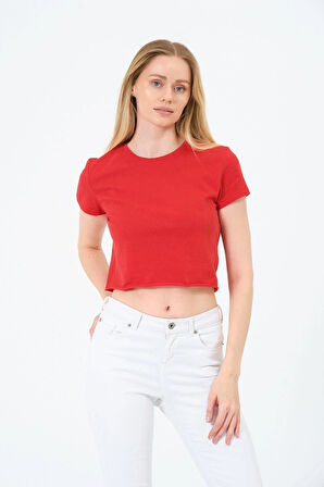 Kadın Kırmızı Kısa Kollu Oversize Crop - Pamuklu Basic Bisiklet Yaka T-shirt