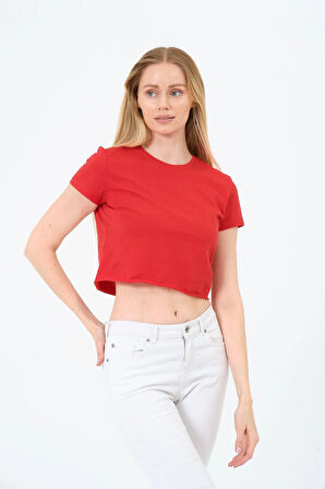 Kadın Kırmızı Kısa Kollu Oversize Crop - Pamuklu Basic Bisiklet Yaka T-shirt