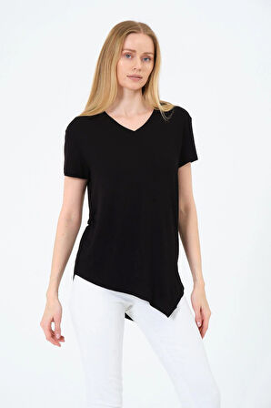 Kadın Kısa Kollu Oversize V Yaka T-Şhirt