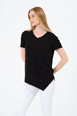 Kadın Kısa Kollu Oversize V Yaka T-Şhirt