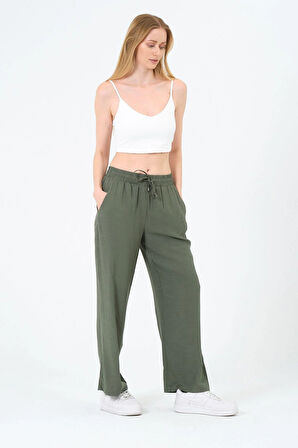 Kadın Yüksek Bel Bol Paça Keten Pantolon