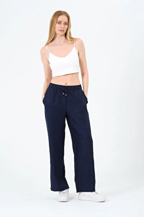 Kadın Yüksek Bel Bol Paça Keten Pantolon