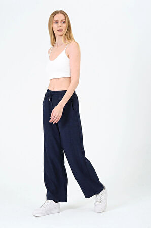 Kadın Yüksek Bel Bol Paça Keten Pantolon