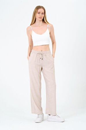 Kadın Yüksek Bel Bol Paça Keten Pantolon