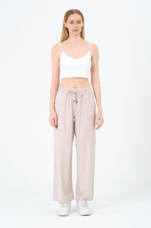 Kadın Yüksek Bel Bol Paça Keten Pantolon