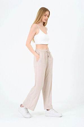 Kadın Yüksek Bel Bol Paça Keten Pantolon