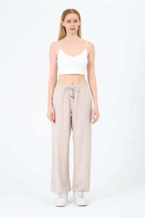 Kadın Yüksek Bel Bol Paça Keten Pantolon