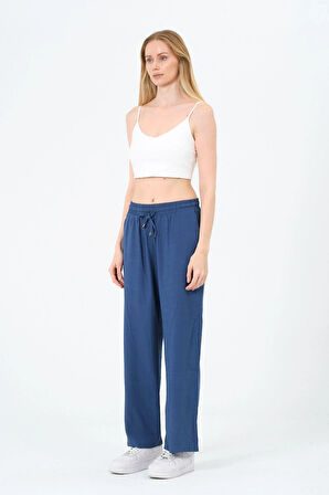 Kadın Yüksek Bel Bol Paça Keten Pantolon