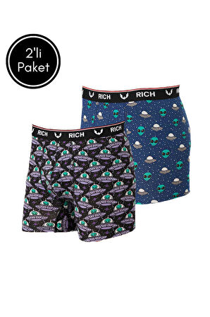 Erkek Likralı Desenli ve Düz 2'li Boxer Paketi