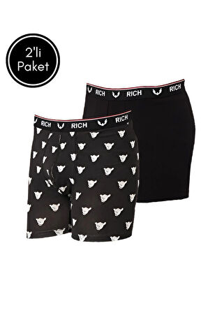 Erkek Likralı Desenli ve Düz 2'li Boxer Paketi
