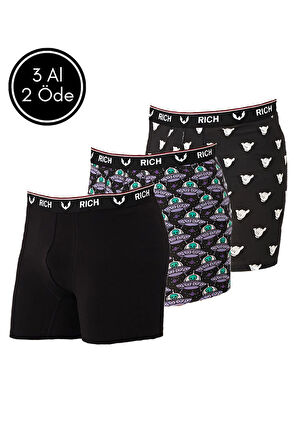 Erkek Likralı Desenli ve Düz 3'lü Boxer Paketi