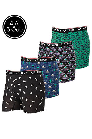 Erkek Likralı Desenli ve Düz 4'lü Boxer Paketi