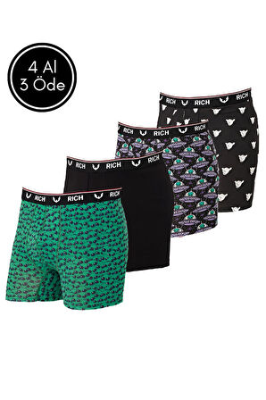 Erkek Likralı Desenli ve Düz 4'lü Boxer Paketi