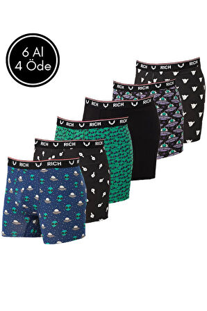 Erkek Likralı Desenli ve Düz 6'lı Boxer Paketi