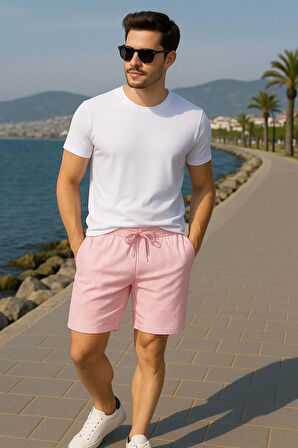 Erkek Şort Beyaz Çizgili Jakarlı Şort