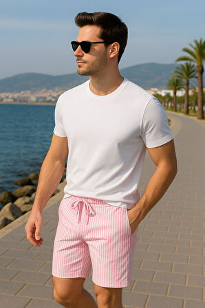 Erkek Şort Beyaz Çizgili Jakarlı Şort