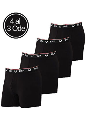 Erkek Siyah Likralı Düz 4'lü Boxer Paketi