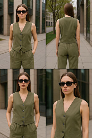 Keten Takım - Haki Yelek & Pantolon İkili Kombin - Modern Fit Yazlık Şık Takım