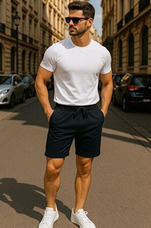 Erkek Lacivert Beli Lastikli Bağcık Detaylı Rahat Kesim Basic Şort