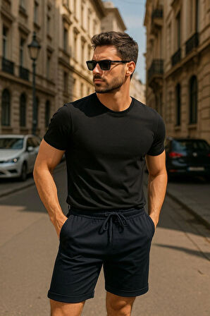 Erkek Lacivert Beli Lastikli Bağcık Detaylı Rahat Kesim Basic Şort